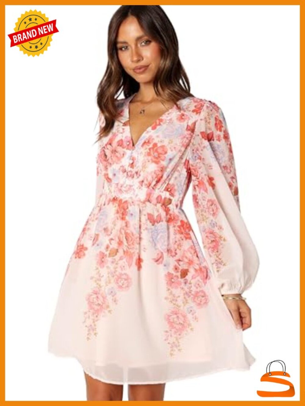 Petal & Pup Hattie Long Sleeve Mini Dress Button Front V-Neck Floral